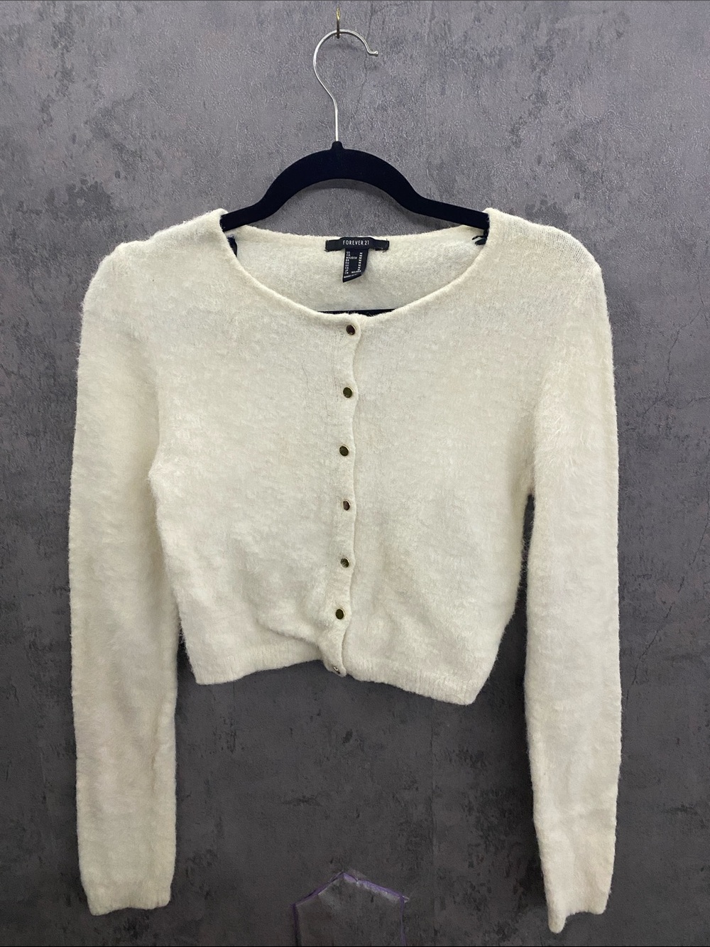 Forever 21 Cream Fuzzy Button-Up Crop Cardigan